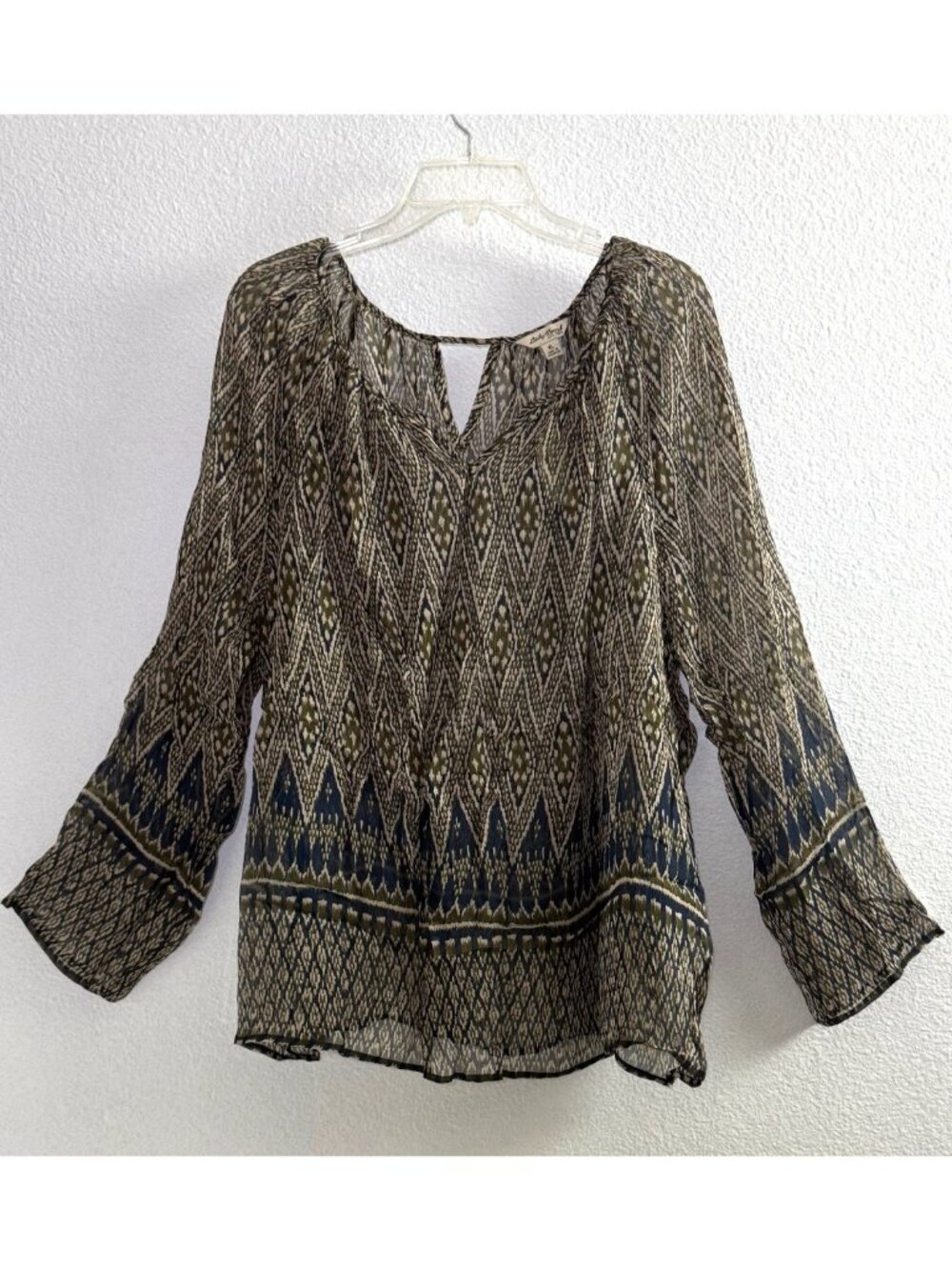 Lucky Brand Sheer Boho Green Blue Geometric Pattern Long Sleeves NWT Womens XL - Picture 2 of 8
